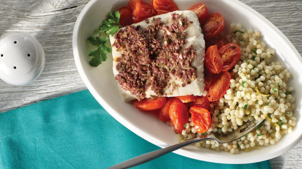 Flétan en croûte de tapenade d'olives