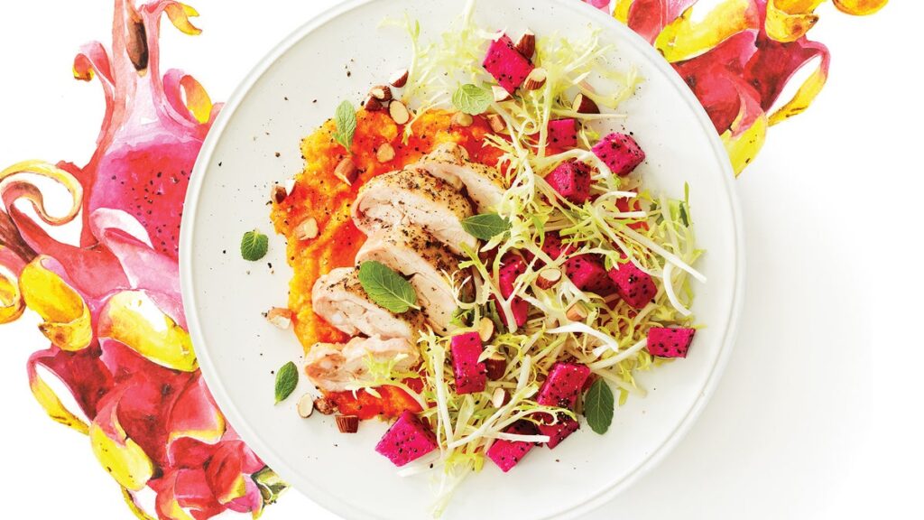 Salade de fruits du dragon avec poulet citronné et purée de butternut
