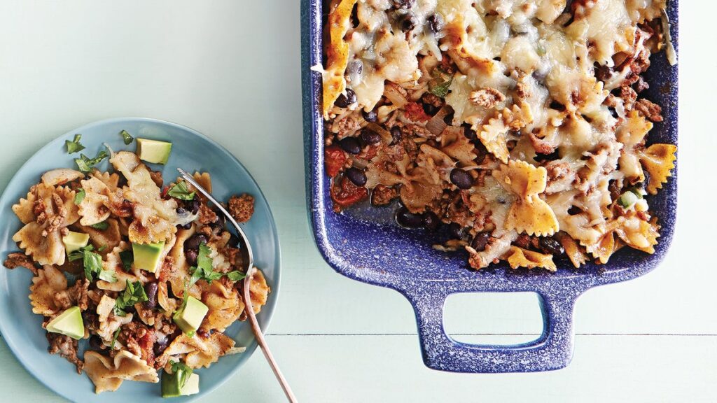 Bœuf mexicain au chili et farfalle au four