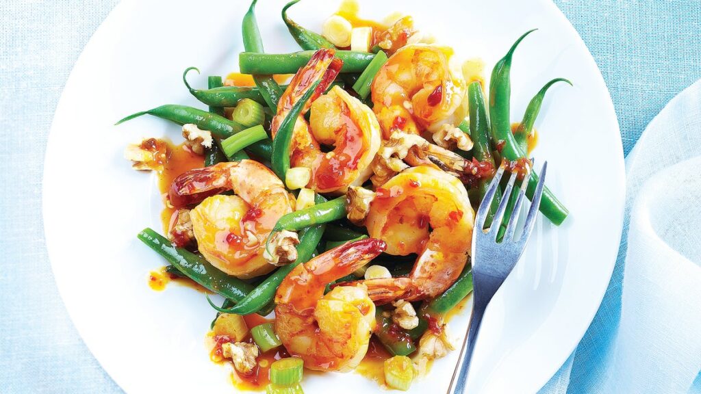 Crevettes Hoisin-Chili avec Haricots Verts & Noix
