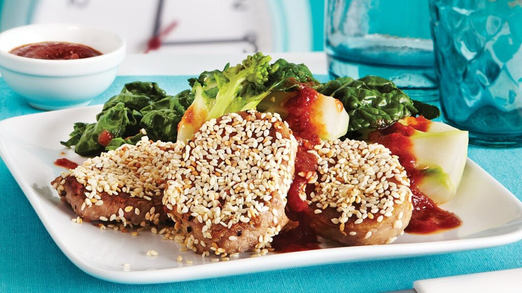 Filet de porc au sésame avec glaçage au tamari aux pommes